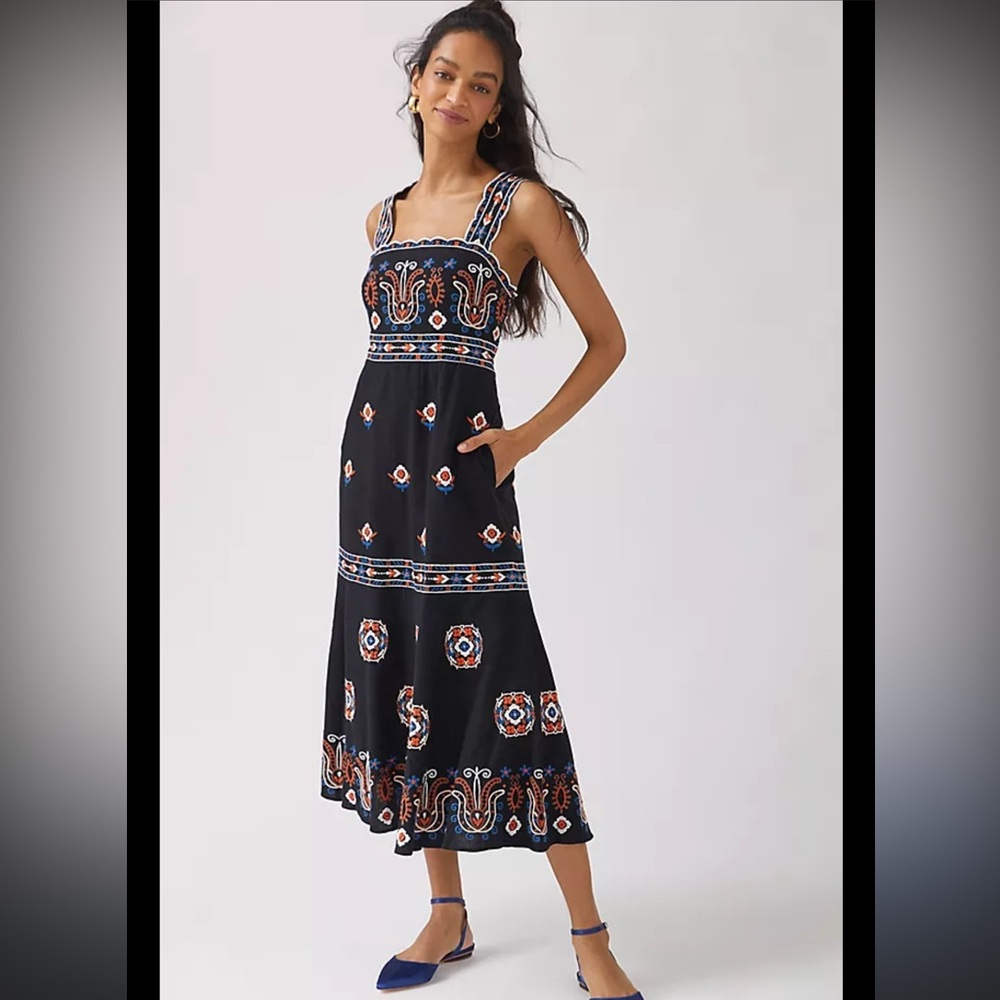 Anthropologie Embroidered Midi Dress Size 2